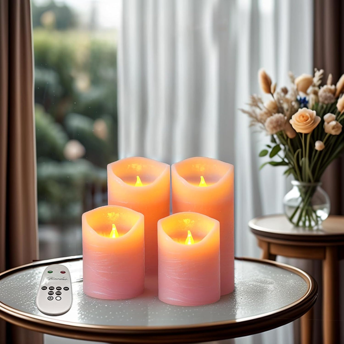 Pink Flameless Candles with Remote and Timer - Pack of 4 Real Wax LED Battery Operated Flickering Pink Candle Pillars for Valentine's Day, Wedding, Holiday & Home Decor