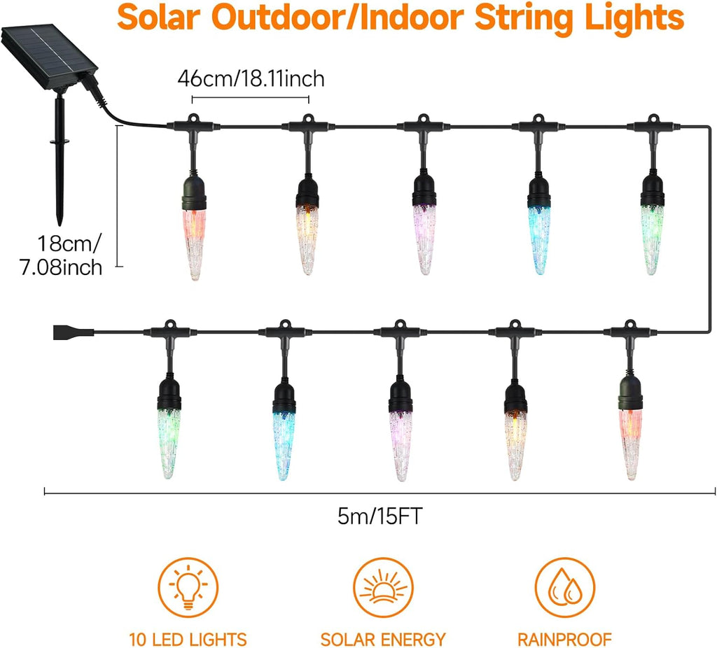 15FT Solar Outdoor String Lights - Waterproof Shatterproof LED Patio Lights with USB Charging Port, 8 Modes Hanging Bistro Lights for Camping, Backyard, Balcony & Garden Decor
