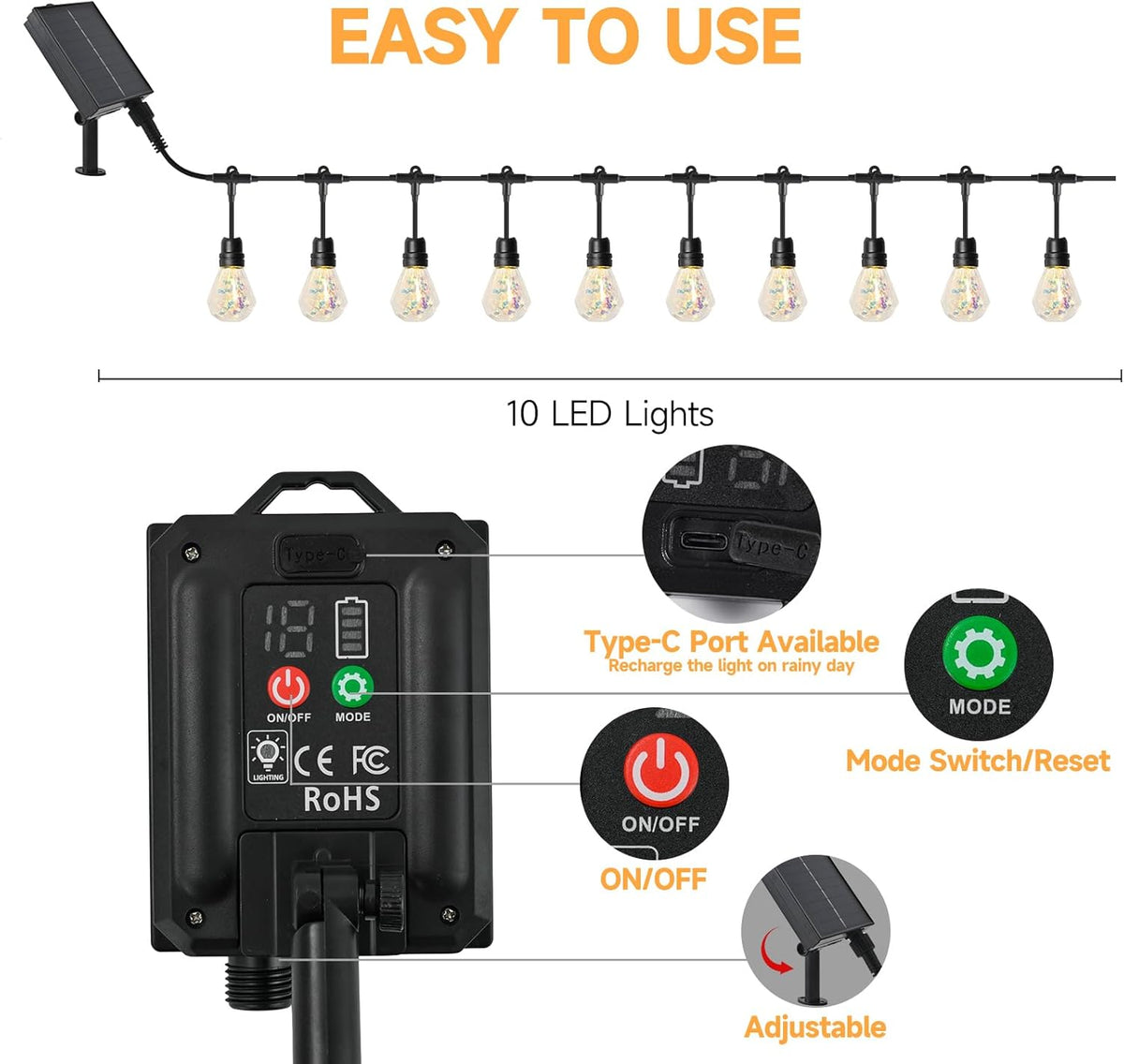15FT Solar Outdoor Polygon String Lights - Waterproof Shatterproof LED Geometric Patio Lights with USB Port, 8 Modes Hanging Bistro Lights for Camping, Backyard & Balcony (Warm White)