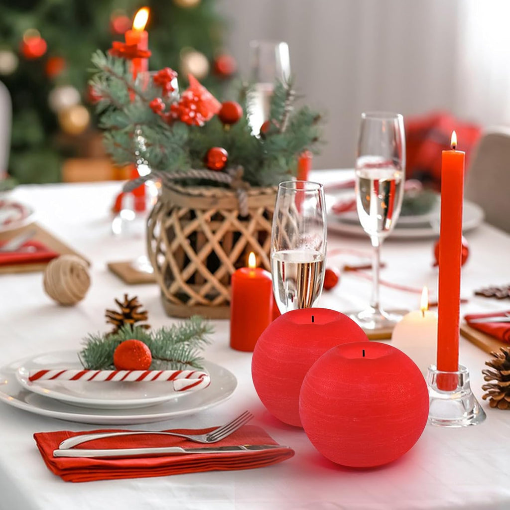 Red 4" Flameless Ball Candles with Remote and Timer - Pack of 2 Real Wax LED Battery Operated Flickering Spherical Red Candles for Christmas Gift, Wedding, Holiday & Home Decor